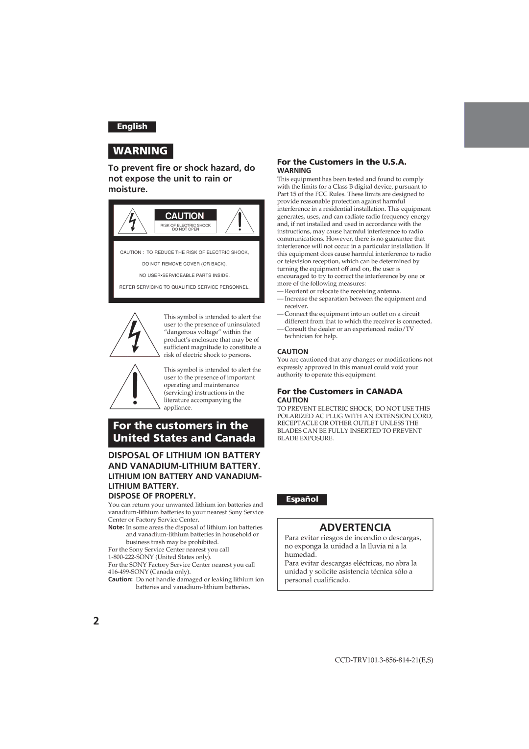 Sony CCD-TRV101 operating instructions For the Customers in the U.S.A, For the Customers in Canada 