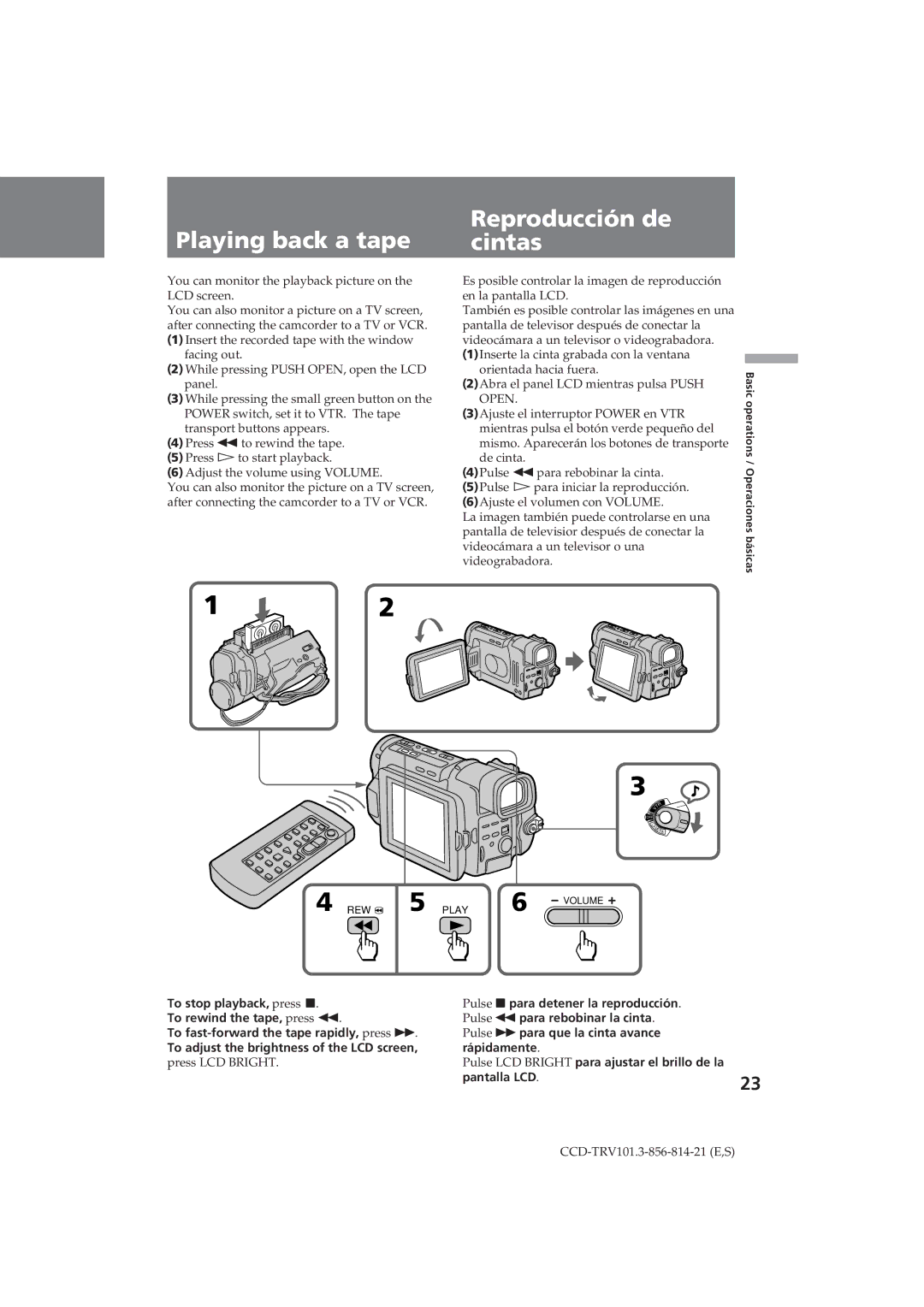 Sony CCD-TRV101 operating instructions Playing back a tape Reproducción de Cintas, Pantalla LCD 