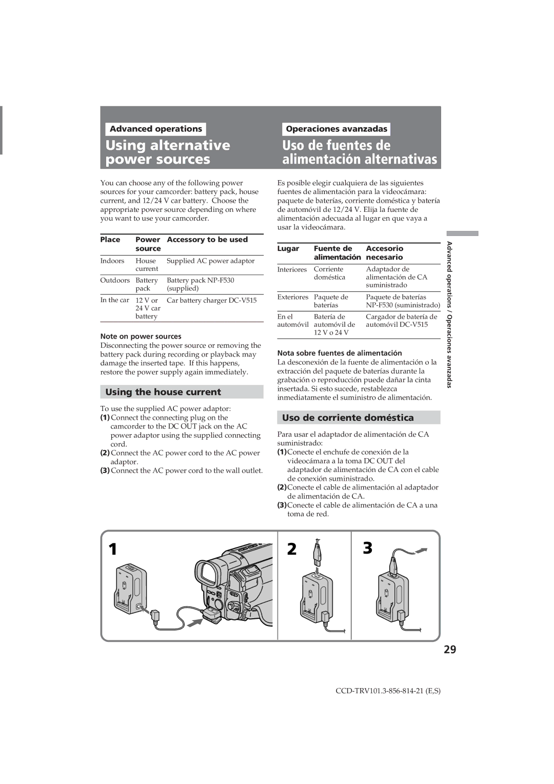 Sony CCD-TRV101 Using alternative Uso de fuentes de Power sources, Using the house current, Uso de corriente doméstica 