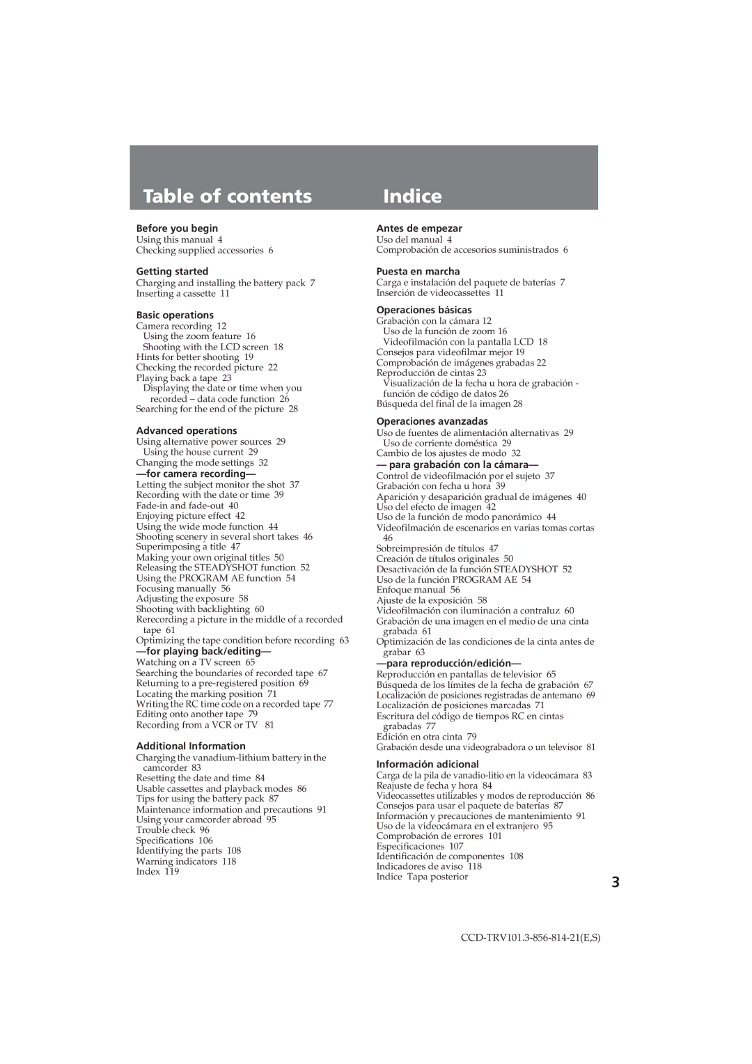 Sony CCD-TRV101 operating instructions Table of contents, Indice 