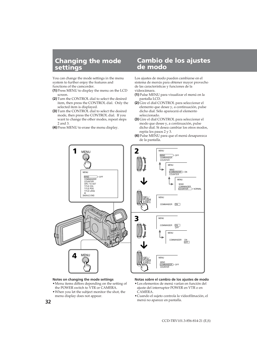 Sony CCD-TRV101 operating instructions Changing the mode settings, Cambio de los ajustes de modo 