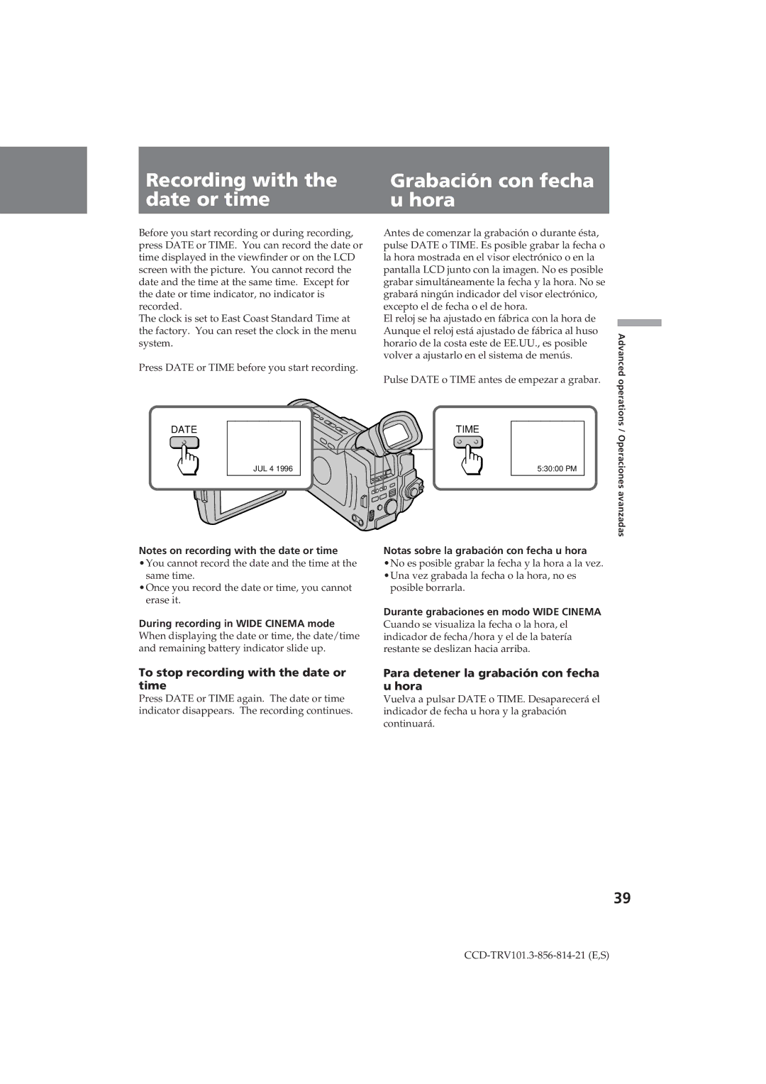 Sony CCD-TRV101 Recording with the date or time, Grabación con fecha u hora, To stop recording with the date or time 