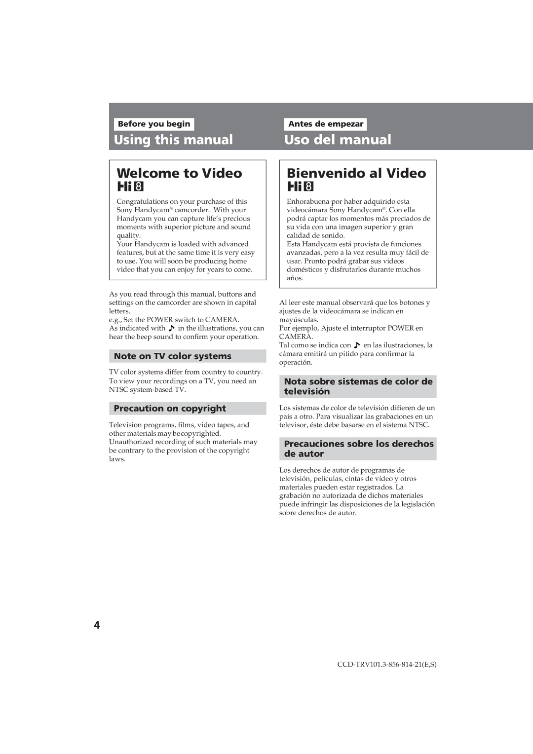 Sony CCD-TRV101 Using this manual, Uso del manual, Precaution on copyright, Nota sobre sistemas de color de Televisión 