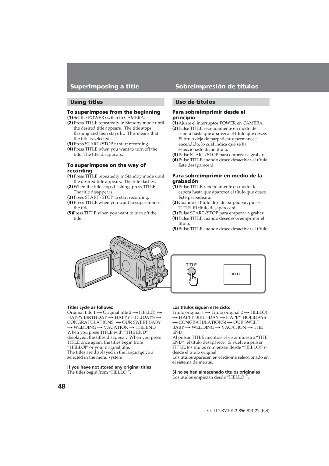 Sony CCD-TRV101 operating instructions Superimposing a title Sobreimpresión de títulos, Using titles, Uso de titulos 