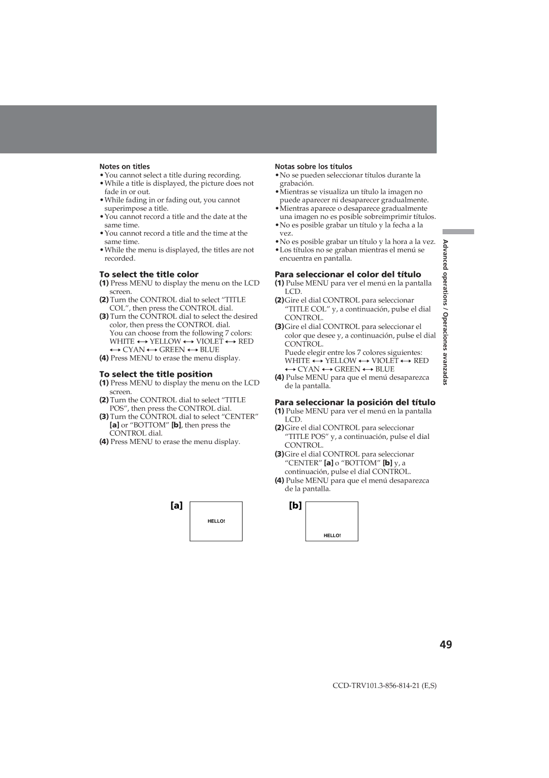 Sony CCD-TRV101 To select the title color, To select the title position, Para seleccionar el color del título 