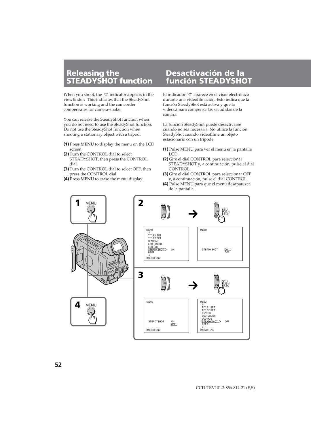 Sony CCD-TRV101 operating instructions Menu Steadyshot on OFF Menu END 