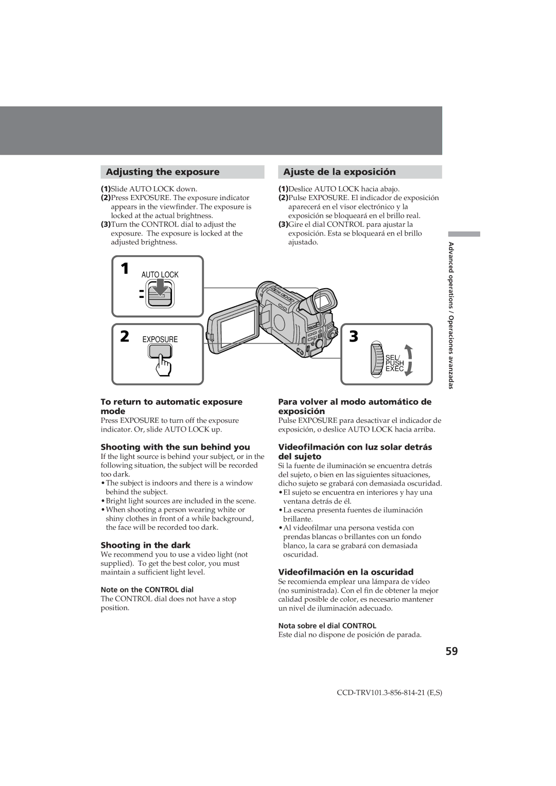 Sony CCD-TRV101 operating instructions Adjusting the exposure, Ajuste de la exposición 