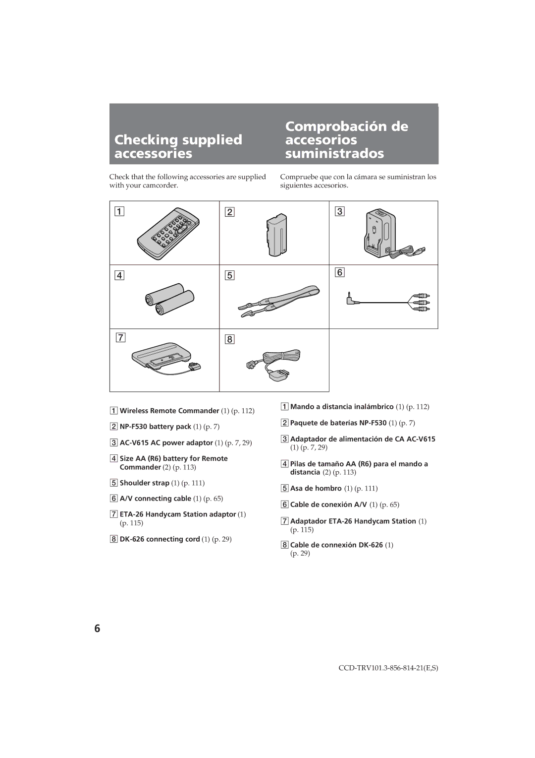 Sony CCD-TRV101 1Mando a distancia inalámbrico 1 p, 2Paquete de baterías NP-F530 1 p, AC-V615 AC power adaptor 1 p 