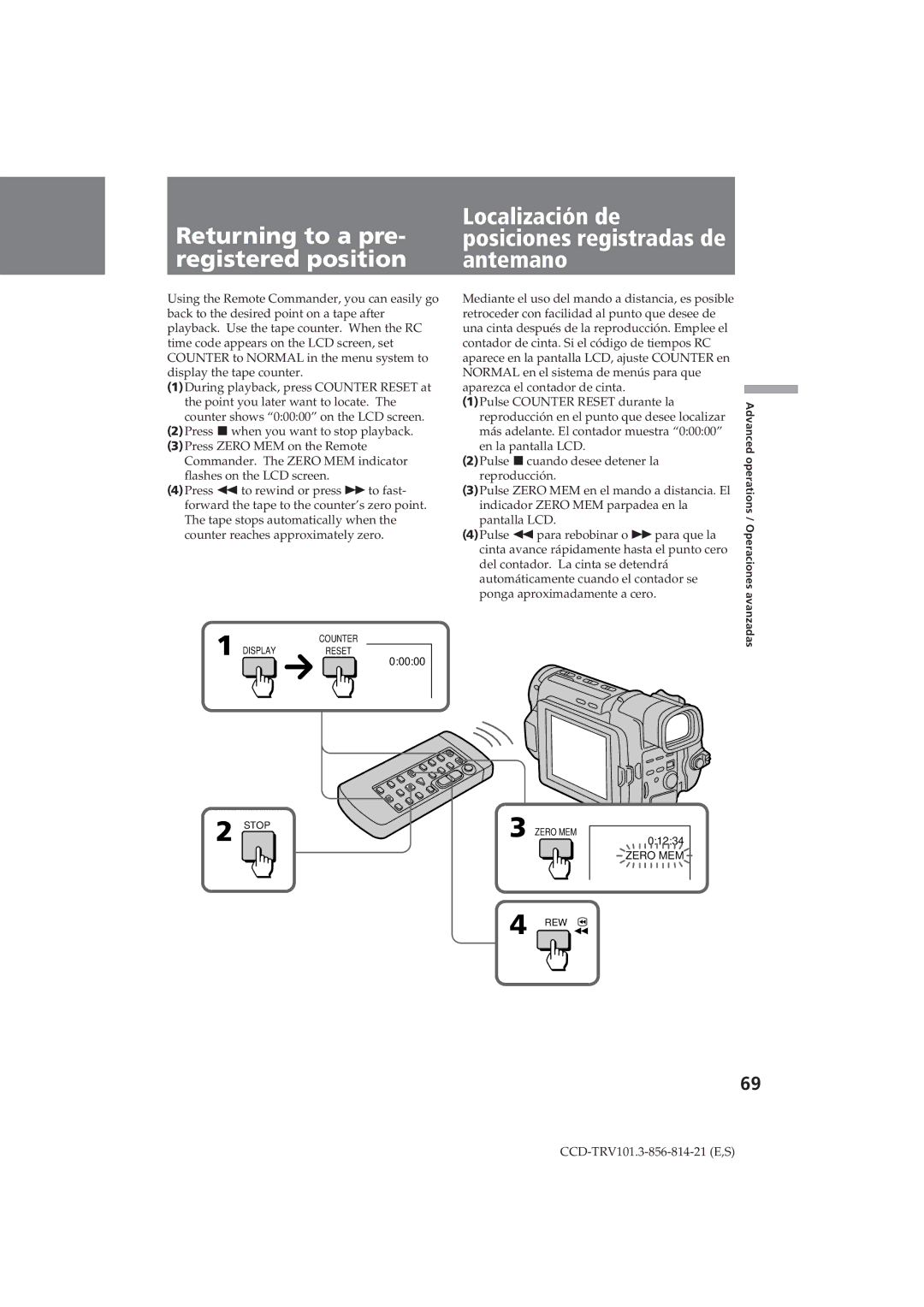 Sony CCD-TRV101 Returning to a pre- registered position, Localización de posiciones registradas de antemano 