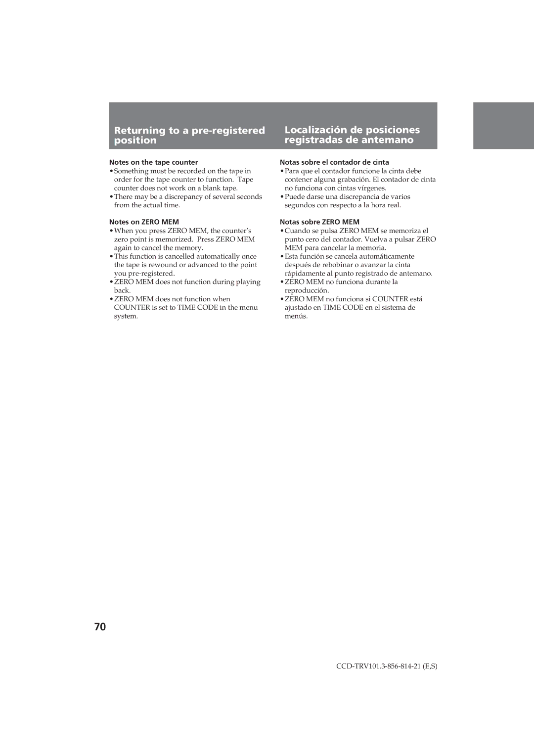 Sony CCD-TRV101 operating instructions Notas sobre el contador de cinta, Notas sobre Zero MEM 