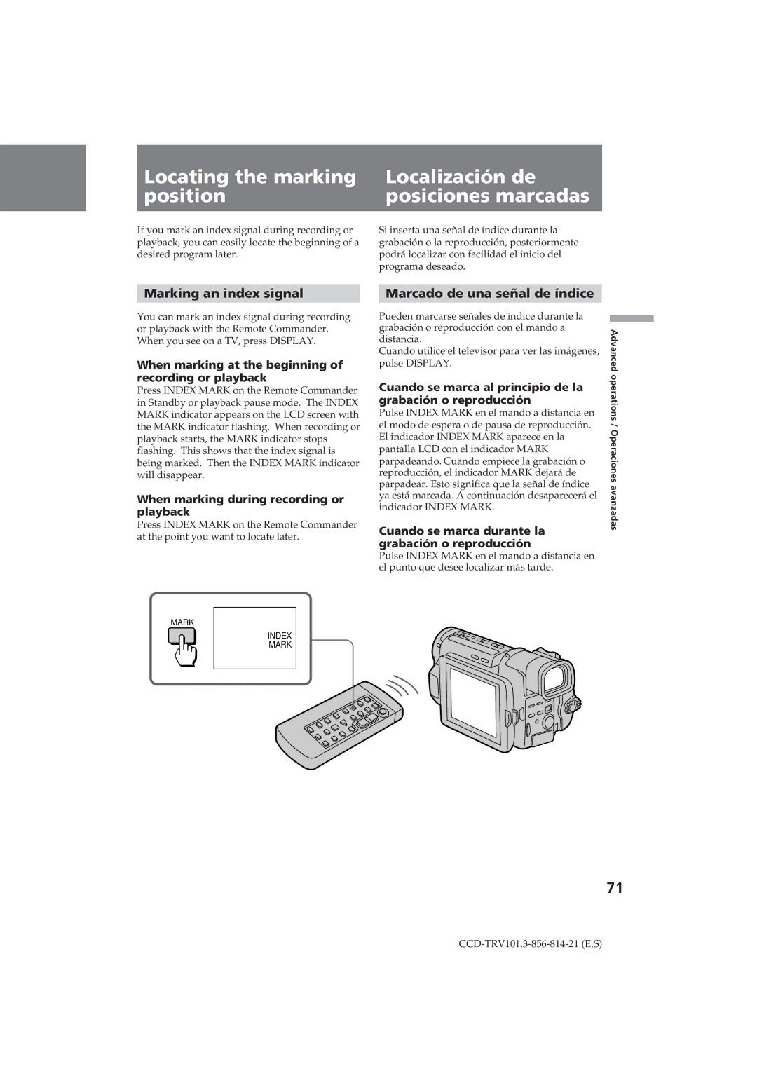 Sony CCD-TRV101 operating instructions Marking an index signal, Marcado de una señal de índice 