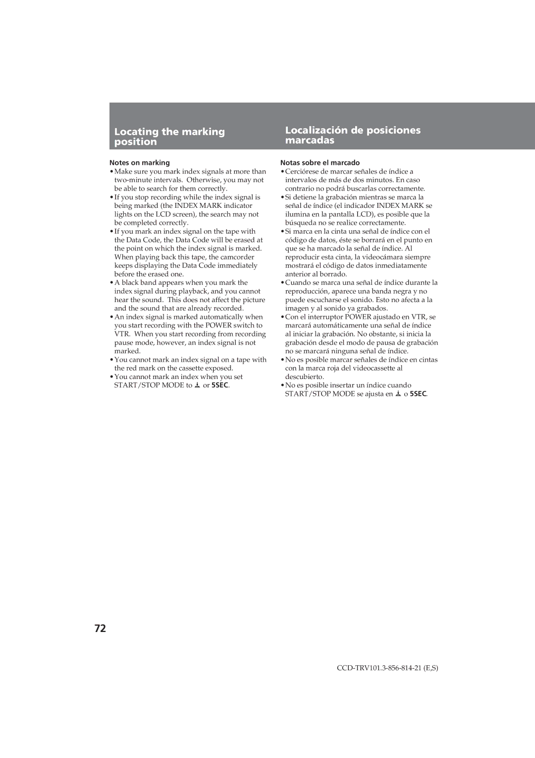 Sony CCD-TRV101 operating instructions Notas sobre el marcado 