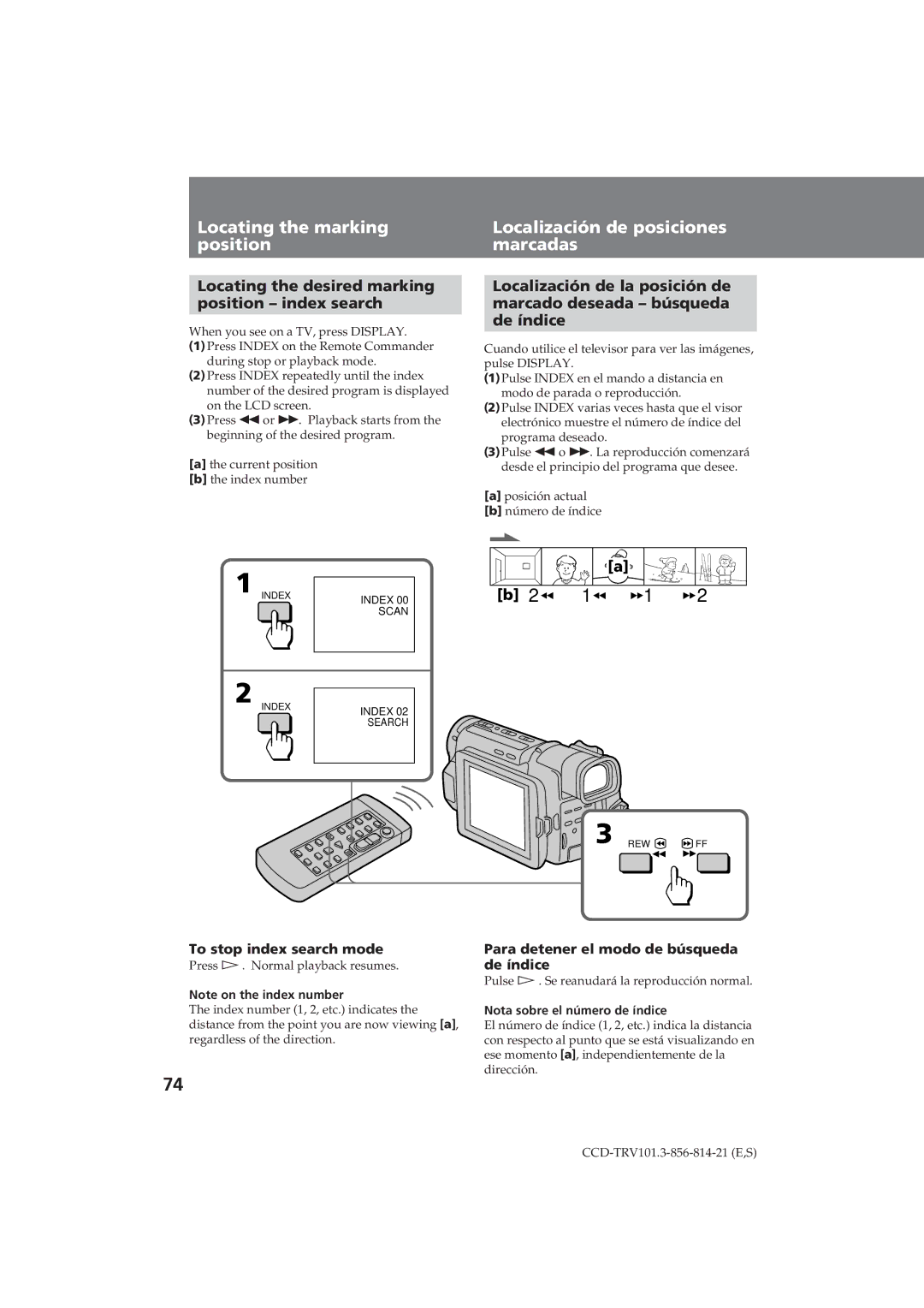 Sony CCD-TRV101 Locating the marking position, Localización de posiciones marcadas, To stop index search mode 