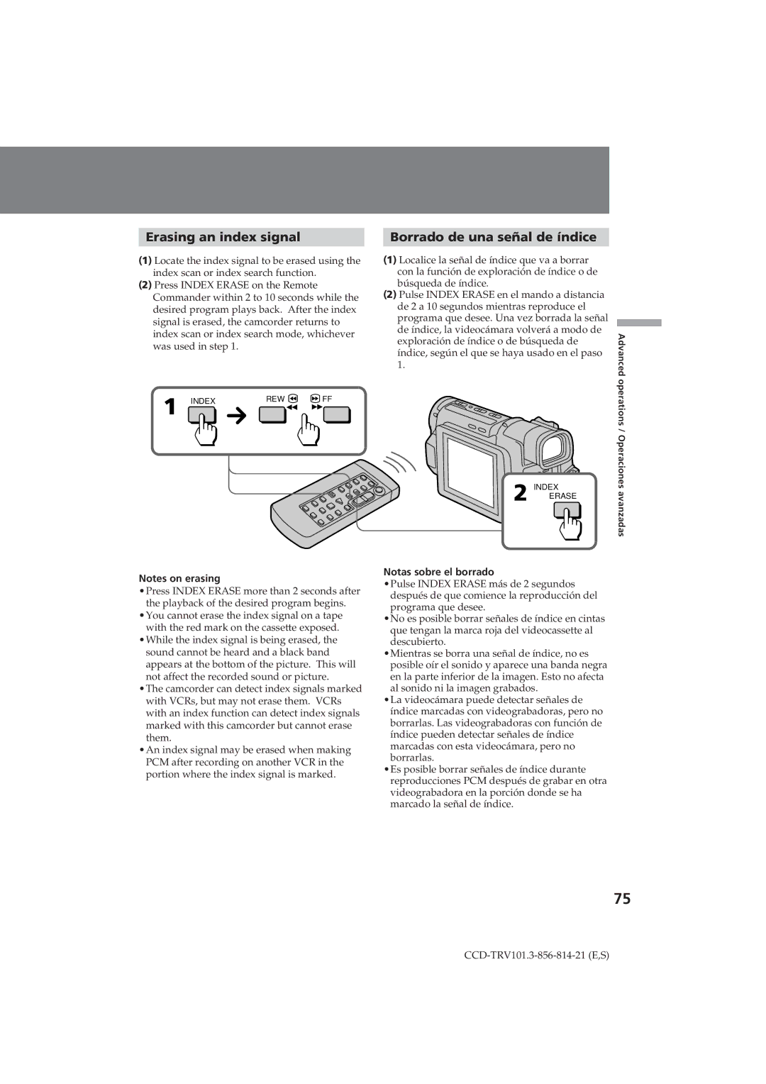 Sony CCD-TRV101 operating instructions Erasing an index signal, Borrado de una señal de índice, Notas sobre el borrado 