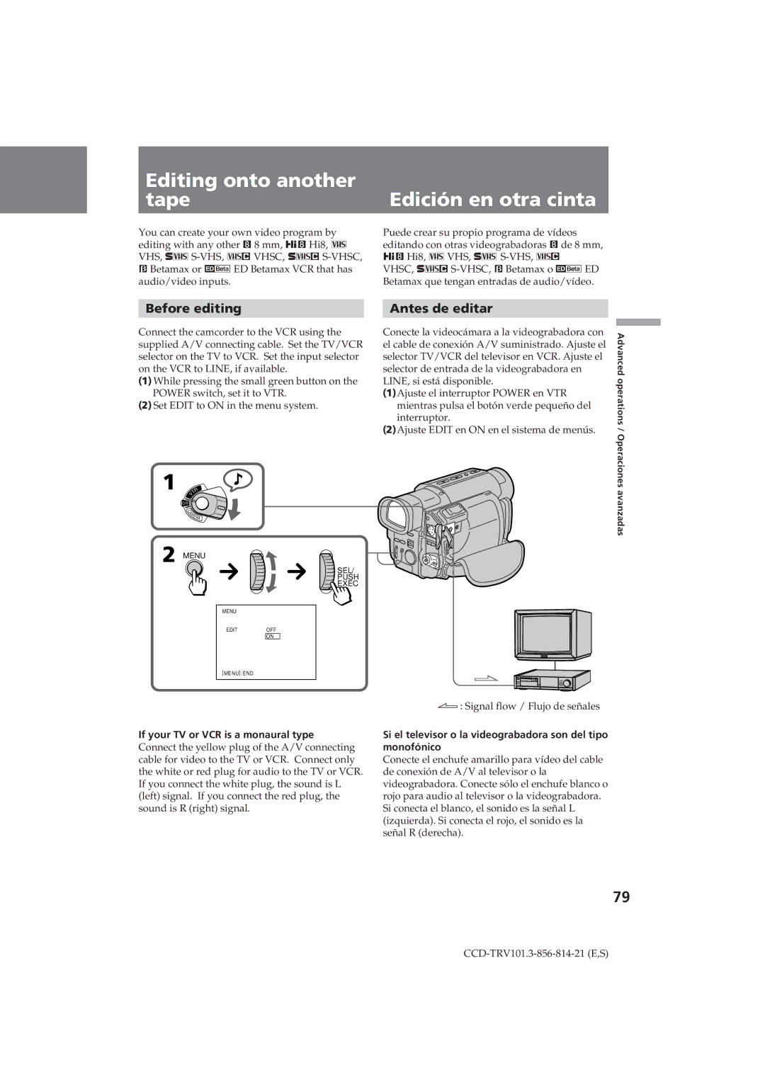 Sony CCD-TRV101 operating instructions Editing onto another Tape Edición en otra cinta, Before editing, Antes de editar 