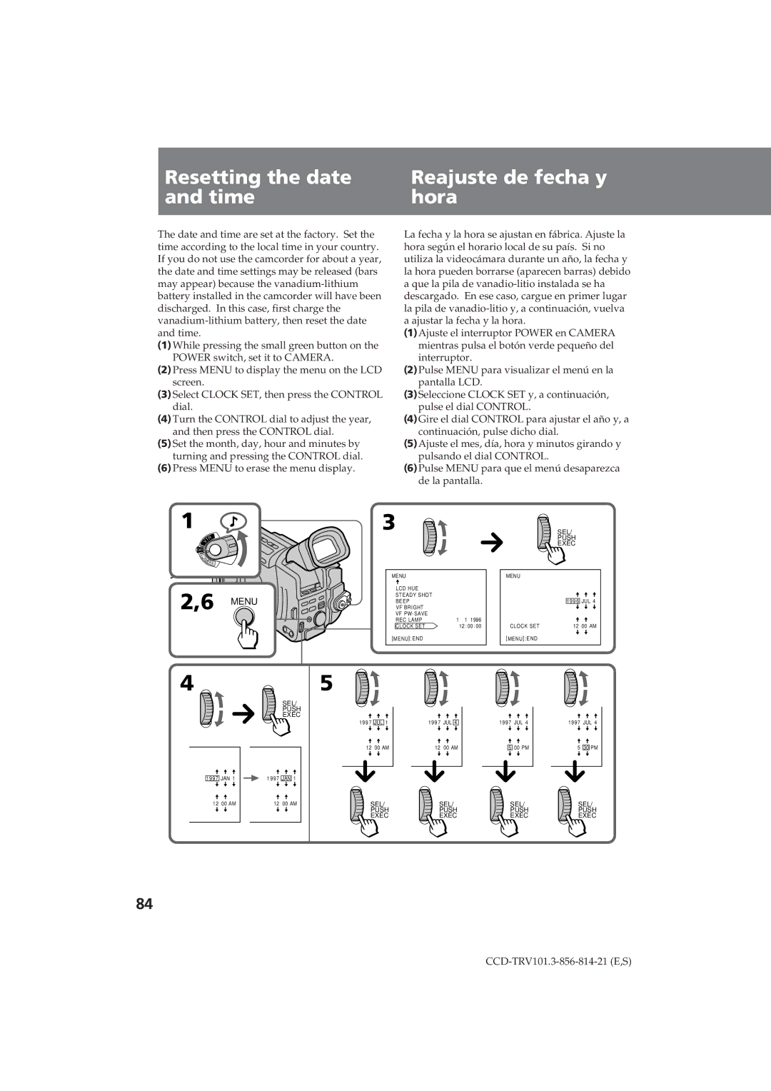 Sony CCD-TRV101 operating instructions Resetting the date and time, Reajuste de fecha y hora 