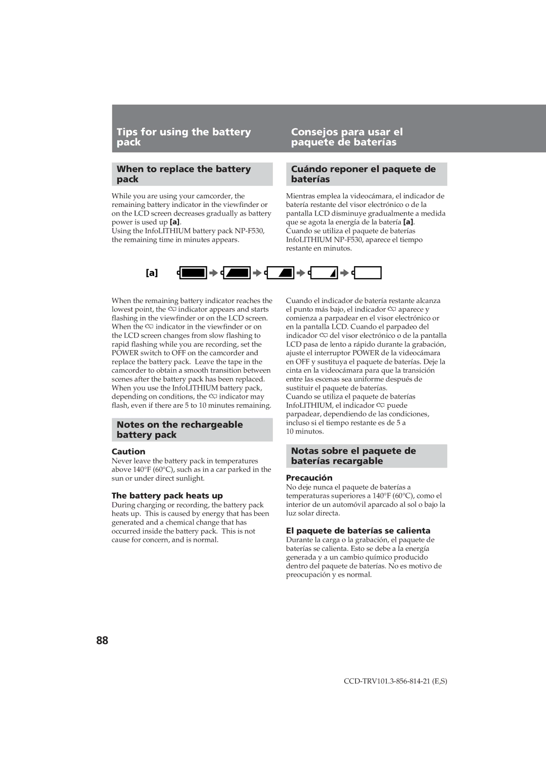 Sony CCD-TRV101 When to replace the battery Pack, Cuándo reponer el paquete de Baterías, Battery pack 