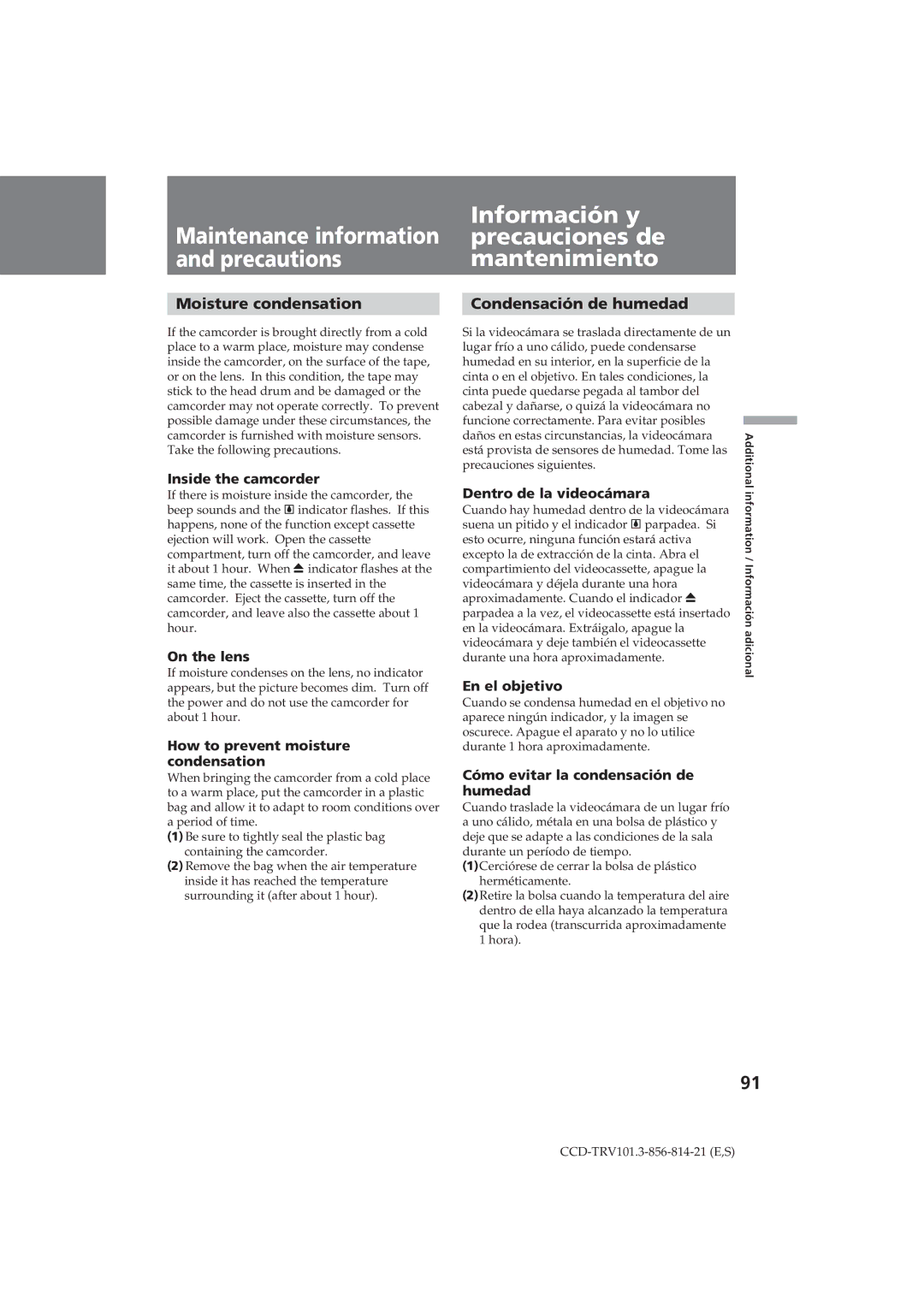 Sony CCD-TRV101 Información y precauciones de mantenimiento, Moisture condensation, Condensación de humedad 