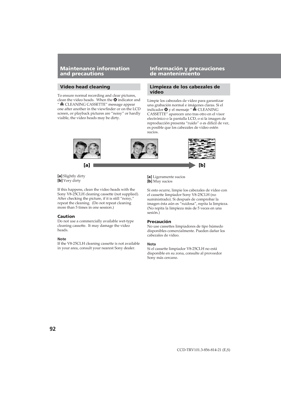 Sony CCD-TRV101 operating instructions Video head cleaning, Limpieza de los cabezales de Vídeo, Nota 
