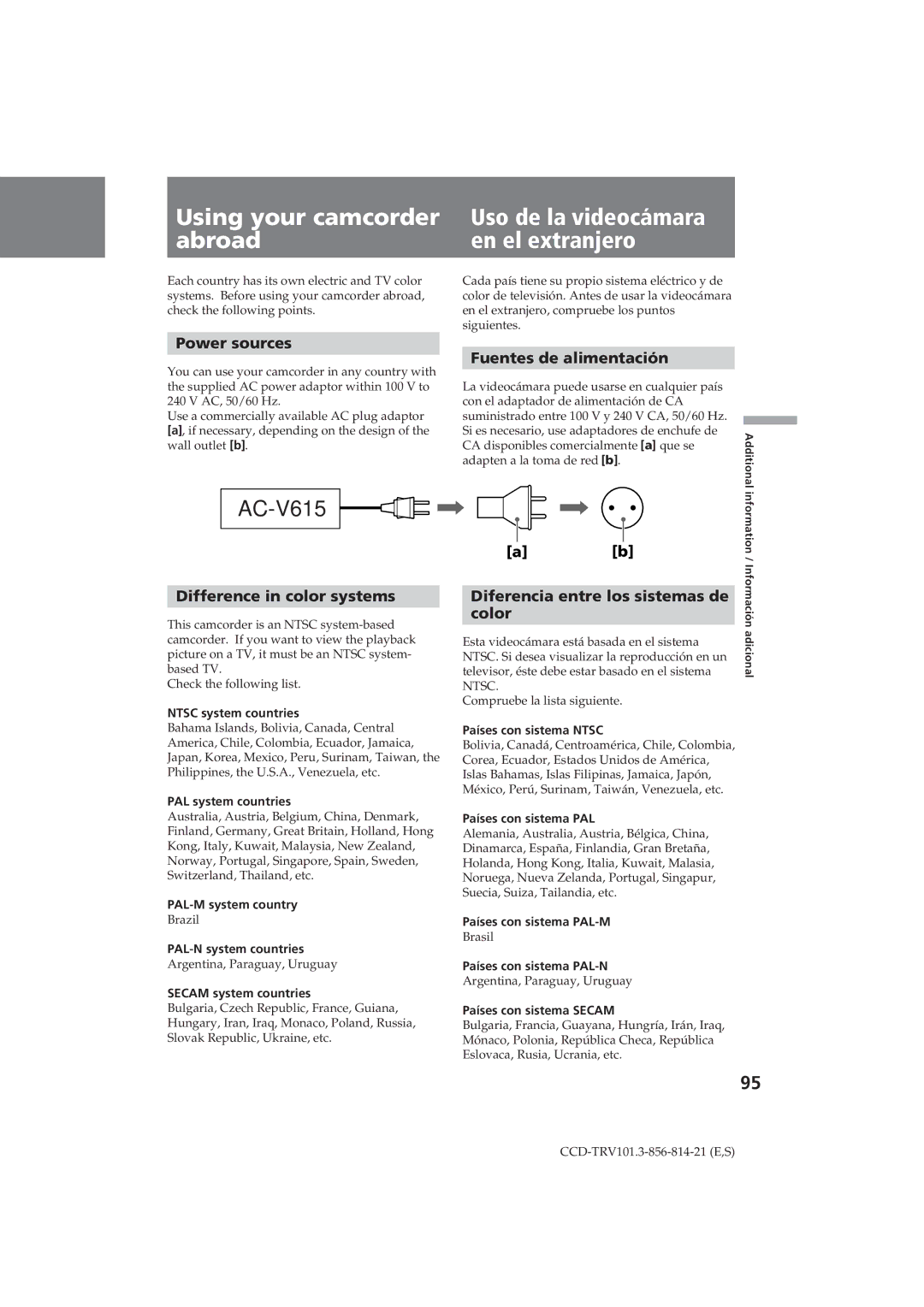 Sony CCD-TRV101 operating instructions Power sources, Difference in color systems, Fuentes de alimentación 