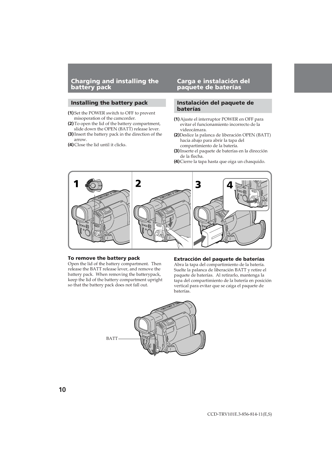 Sony CCD-TRV101E Installing the battery pack, Instalación del paquete de Baterías, Extracción del paquete de baterías 