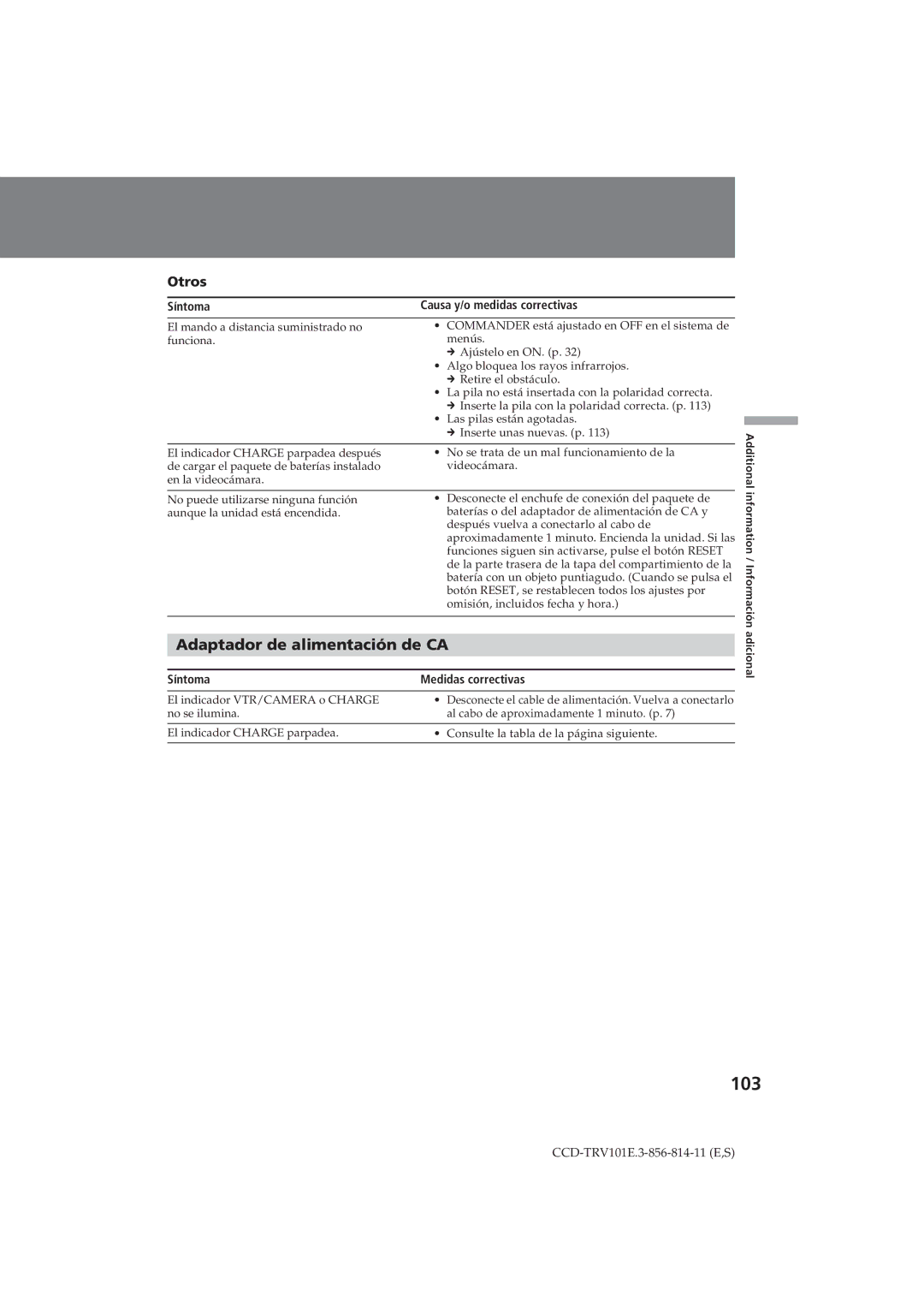 Sony CCD-TRV101E operating instructions 103, Adaptador de alimentación de CA, Otros, Síntoma Medidas correctivas 