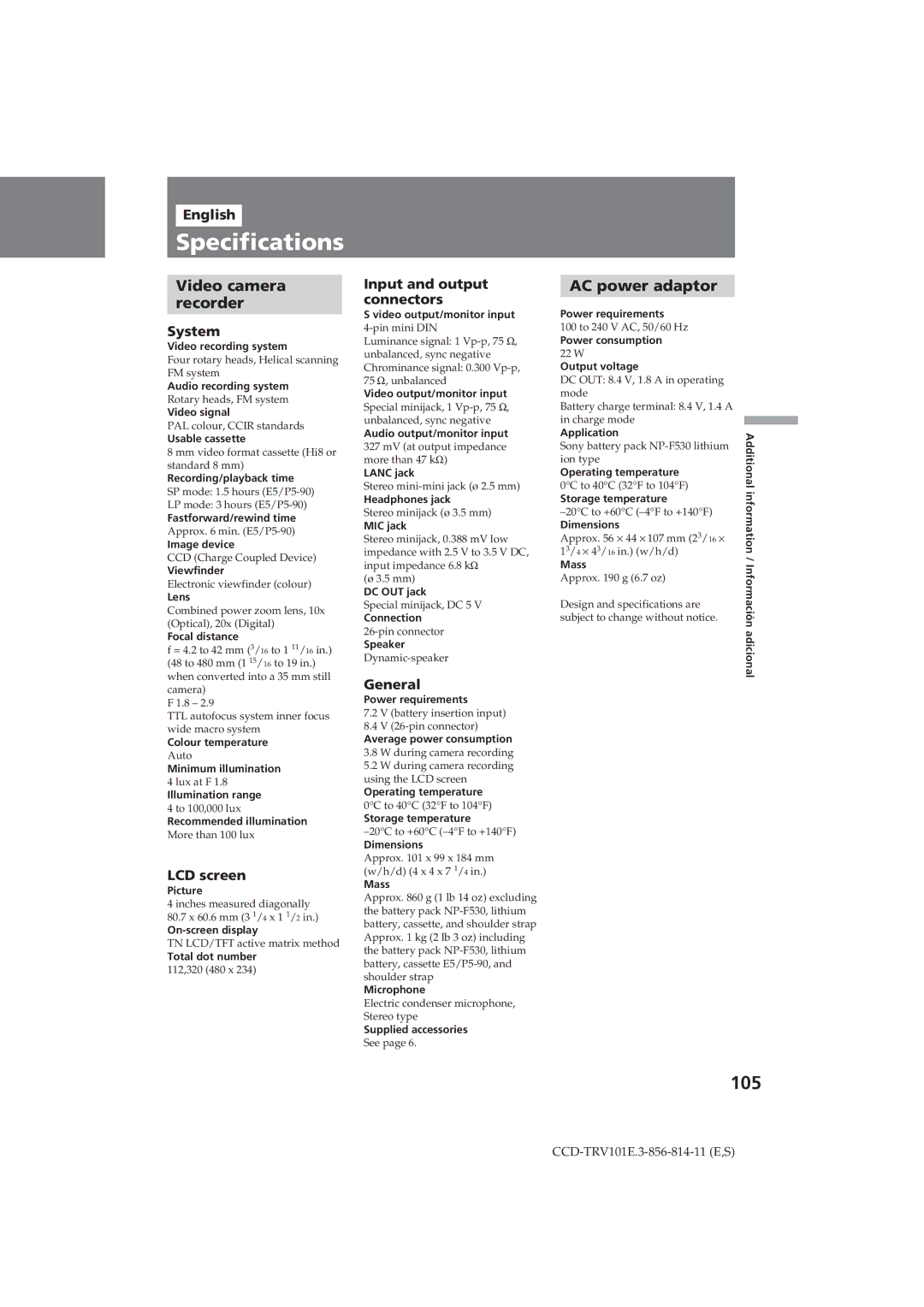 Sony CCD-TRV101E operating instructions Specifications, 105, Video camera Recorder 