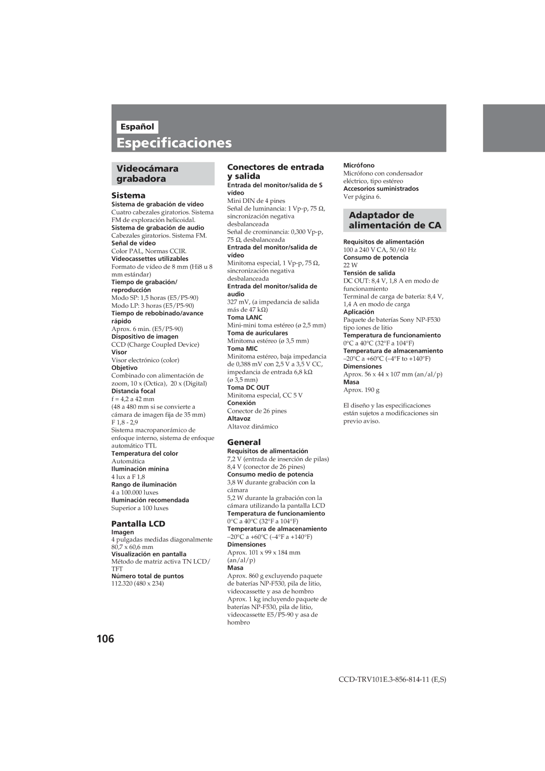 Sony CCD-TRV101E operating instructions Especificaciones, 106, Videocámara Grabadora 