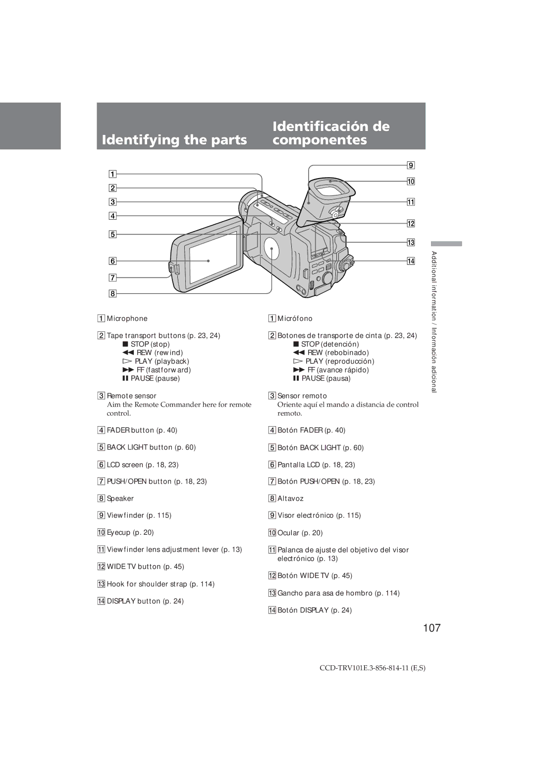 Sony CCD-TRV101E operating instructions Identificación de Identifying the parts componentes, 107 