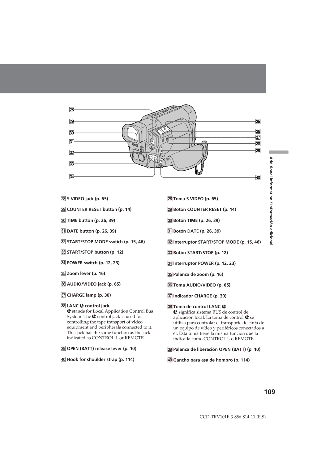 Sony CCD-TRV101E operating instructions 109, @¥Toma S Video p, @»Botón Counter Reset p, #¼Botón Time p, #ÁBotón Date p 