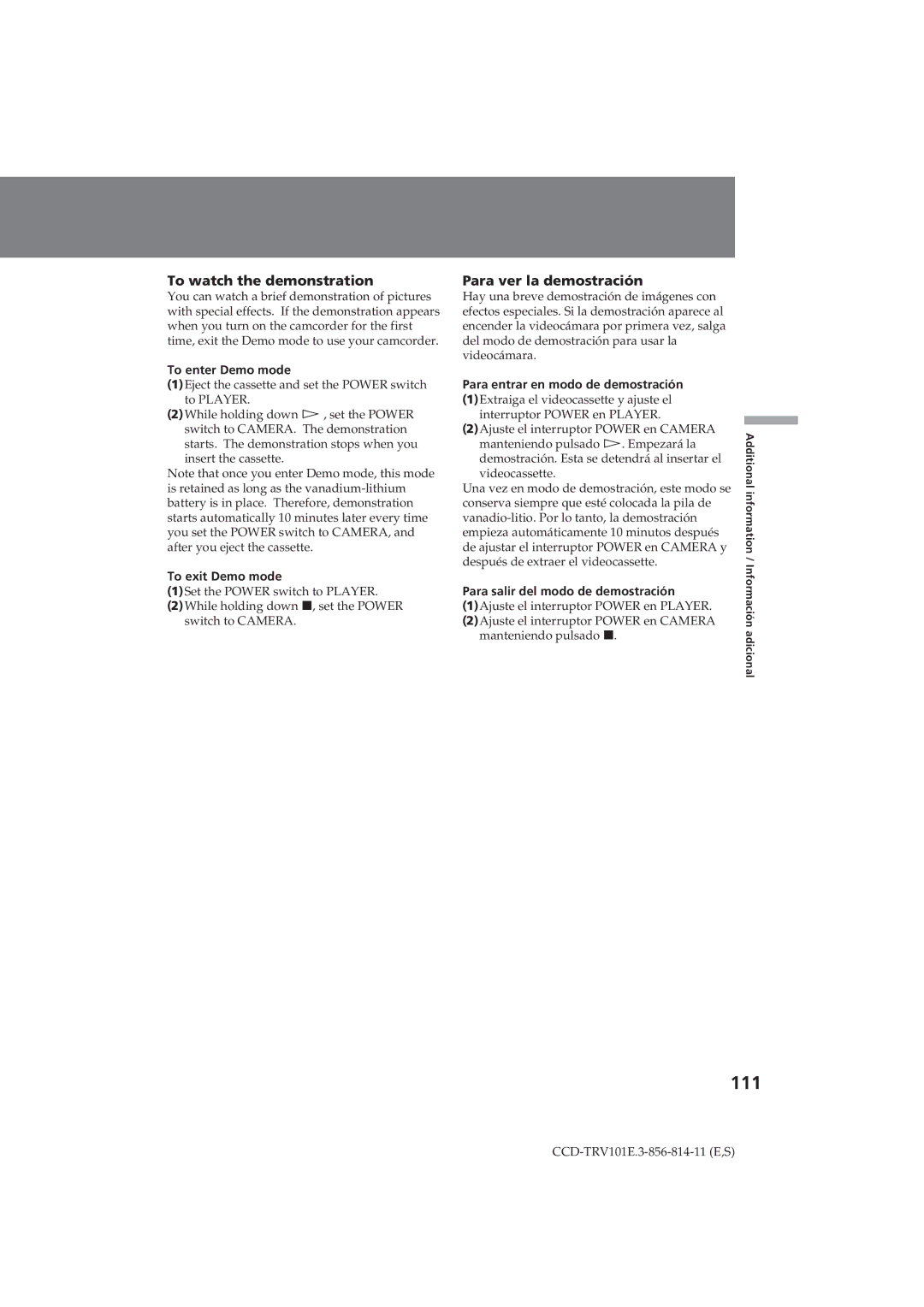 Sony CCD-TRV101E operating instructions 111, To watch the demonstration, Para ver la demostración 