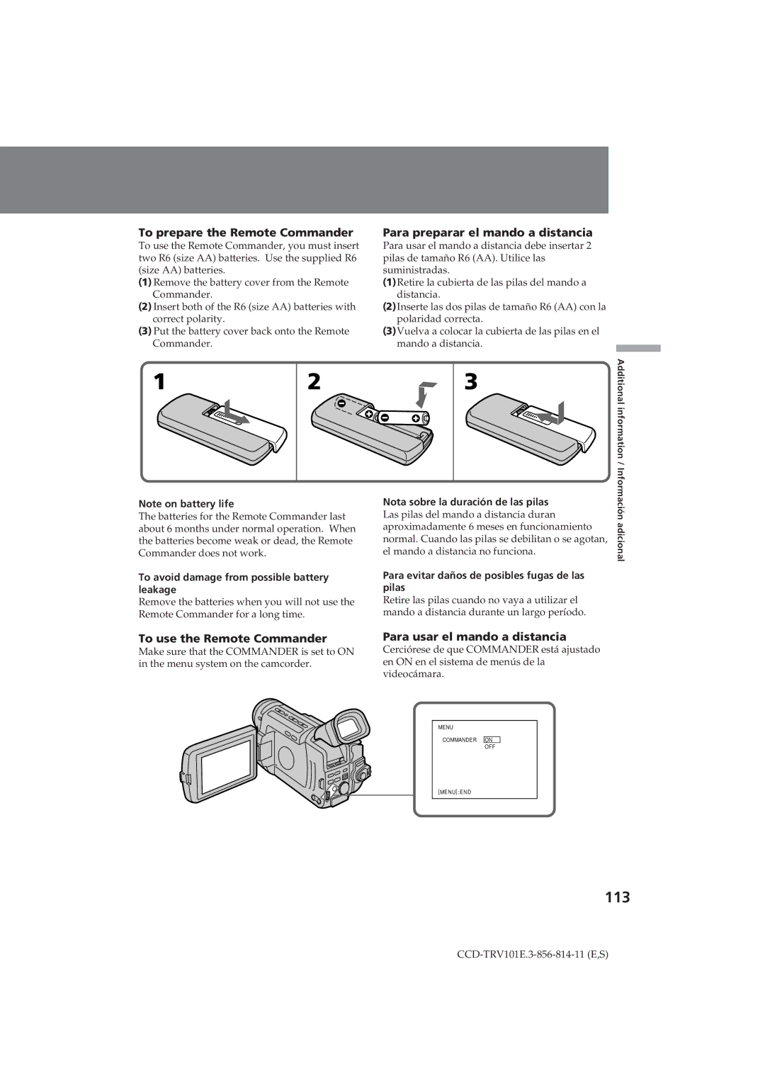 Sony CCD-TRV101E 113, To prepare the Remote Commander, To use the Remote Commander, Para preparar el mando a distancia 