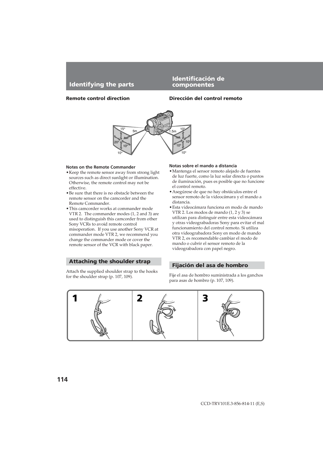 Sony CCD-TRV101E operating instructions 114, Attaching the shoulder strap, Fijación del asa de hombro 