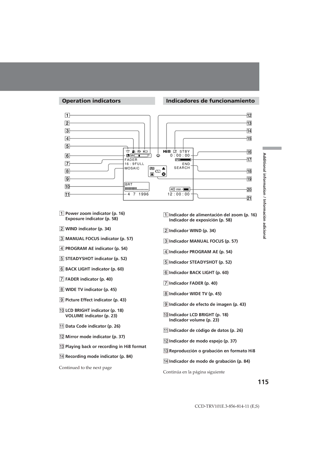 Sony CCD-TRV101E operating instructions 115, Operation indicators Indicadores de funcionamiento 