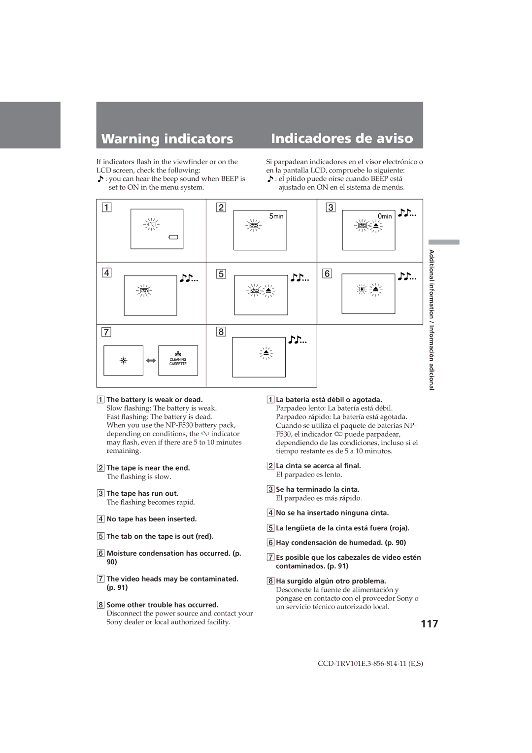 Sony CCD-TRV101E operating instructions Indicadores de aviso, 117 