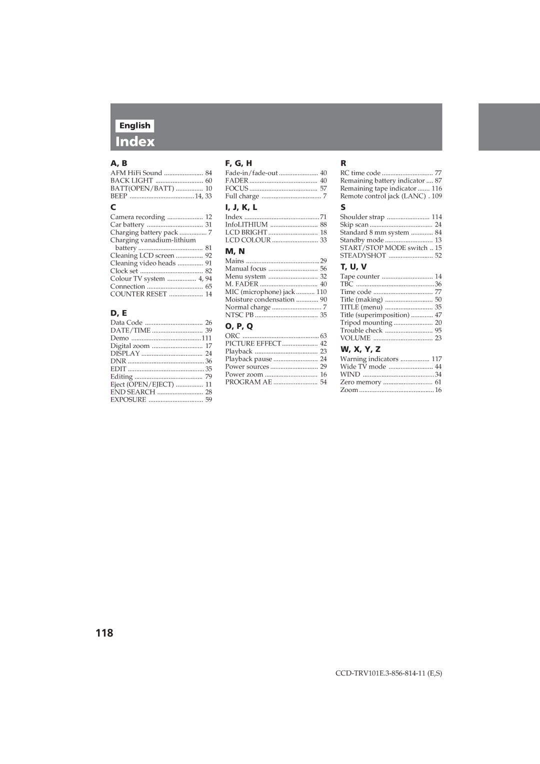 Sony CCD-TRV101E operating instructions Index, 118, K, L, Y, Z 