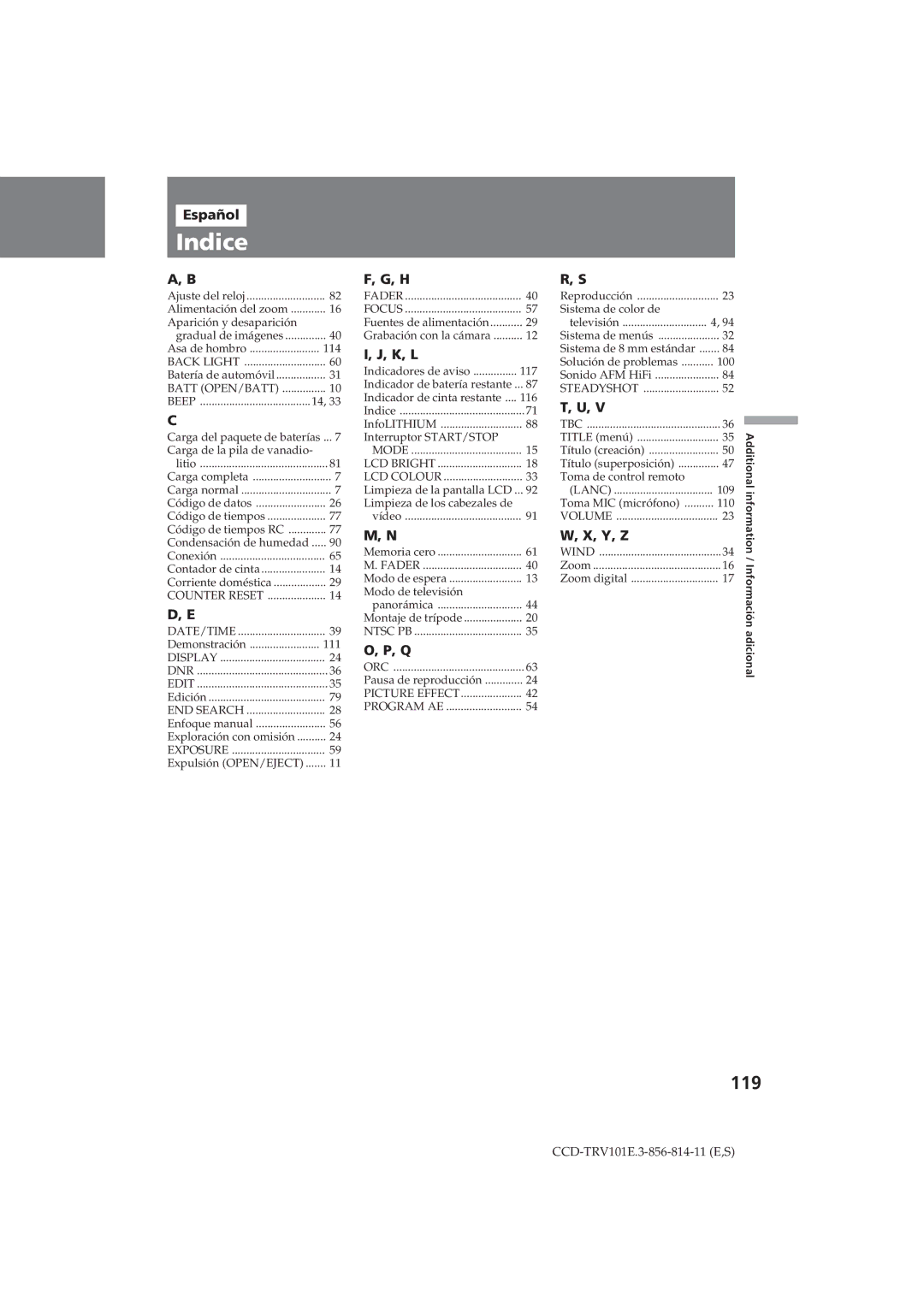 Sony CCD-TRV101E operating instructions 119, Español 