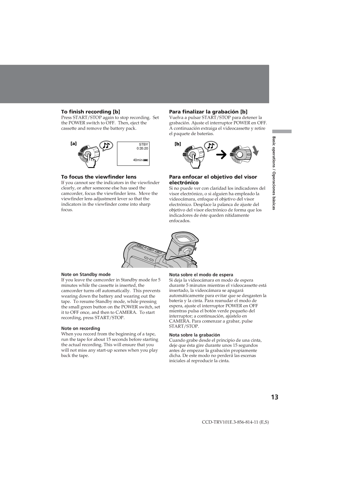 Sony CCD-TRV101E operating instructions To finish recording b, To focus the viewfinder lens, Para finalizar la grabación b 