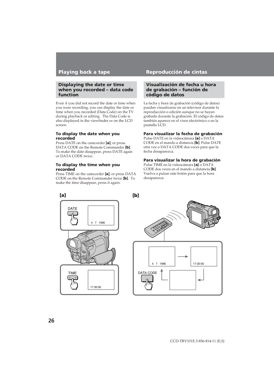 Sony CCD-TRV101E operating instructions Playing back a tape Reproducción de cintas, To display the date when you recorded 