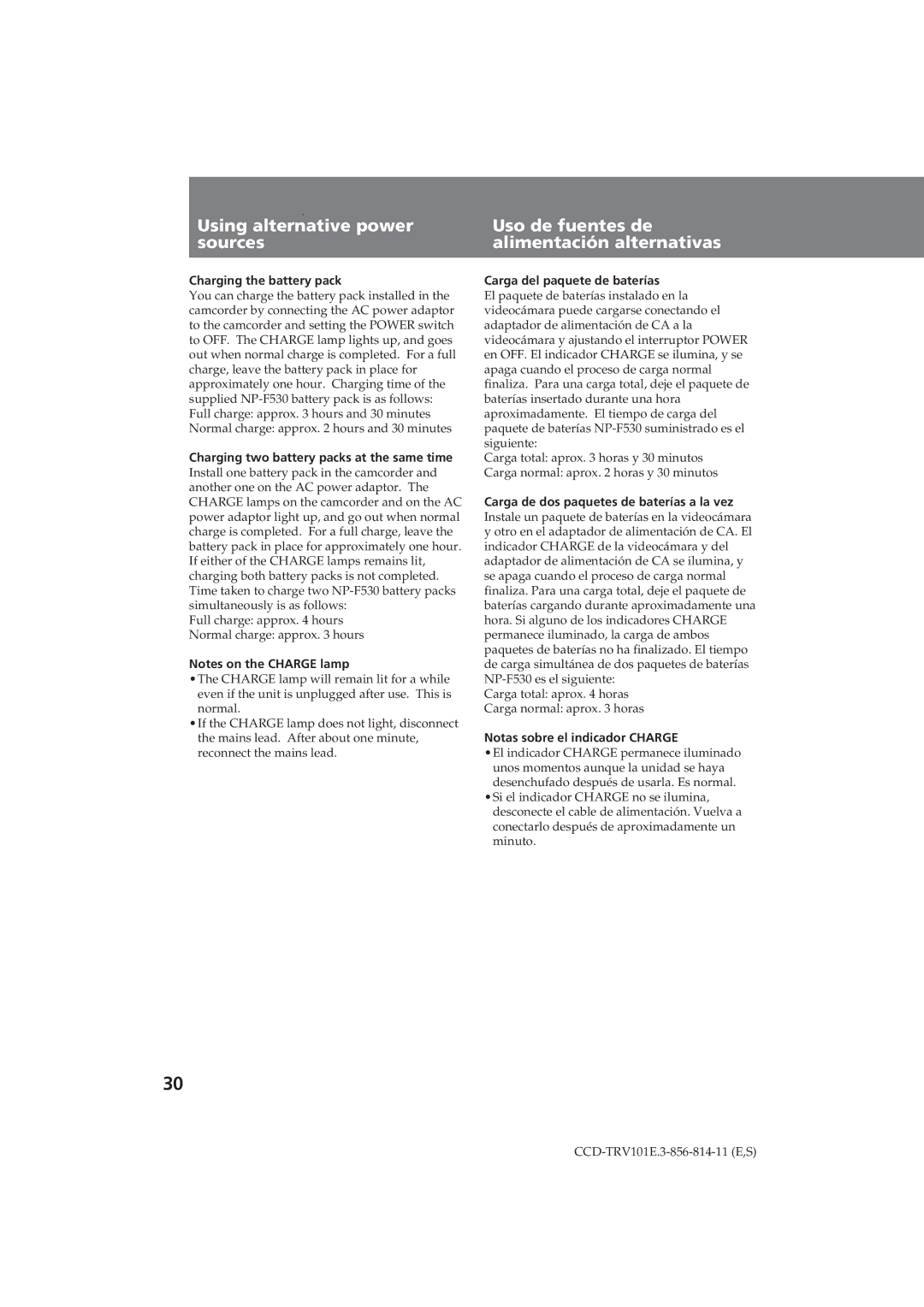 Sony CCD-TRV101E Charging the battery pack, Carga del paquete de baterías, Notas sobre el indicador Charge 