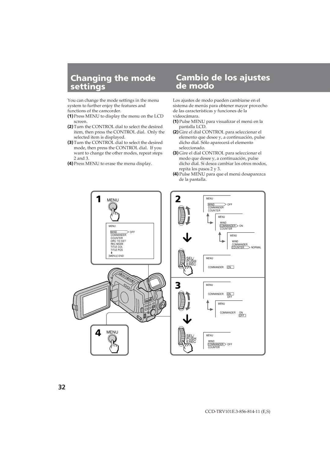 Sony CCD-TRV101E operating instructions Changing the mode settings, Cambio de los ajustes de modo 