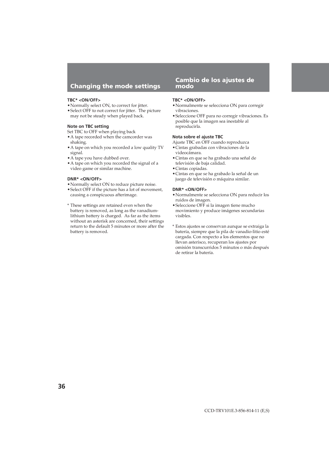 Sony CCD-TRV101E operating instructions Tbc* On/Off, Nota sobre el ajuste TBC 