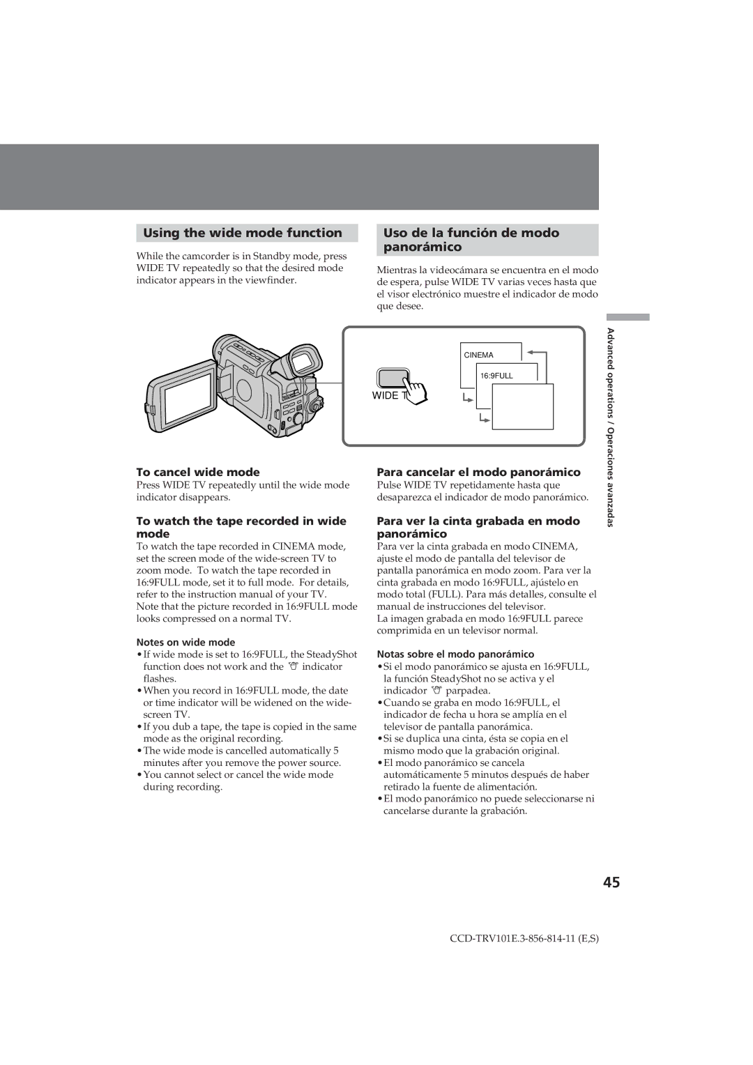 Sony CCD-TRV101E operating instructions Using the wide mode function, Uso de la función de modo Panorámico 