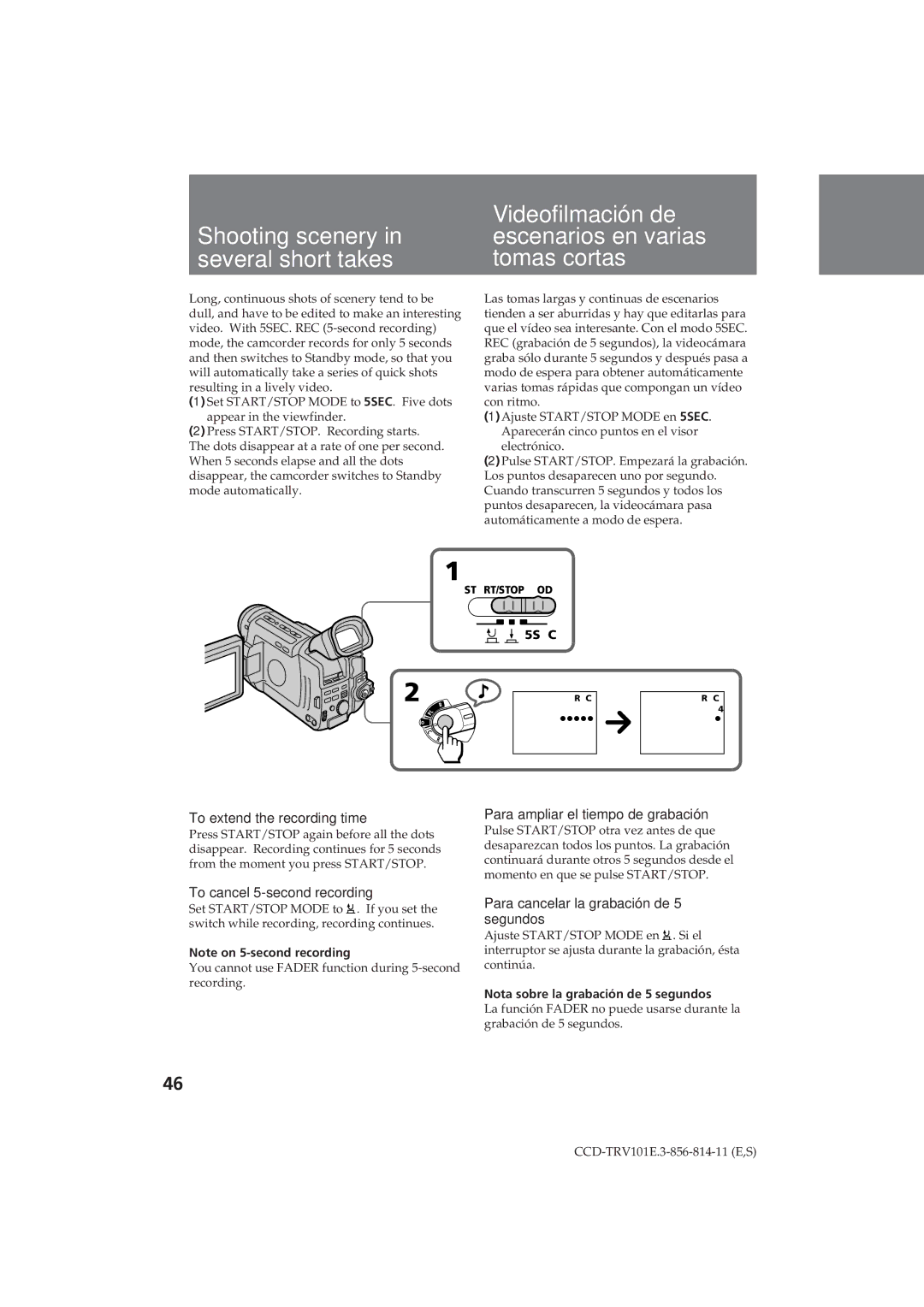 Sony CCD-TRV101E To extend the recording time, Para ampliar el tiempo de grabación, To cancel 5-second recording 