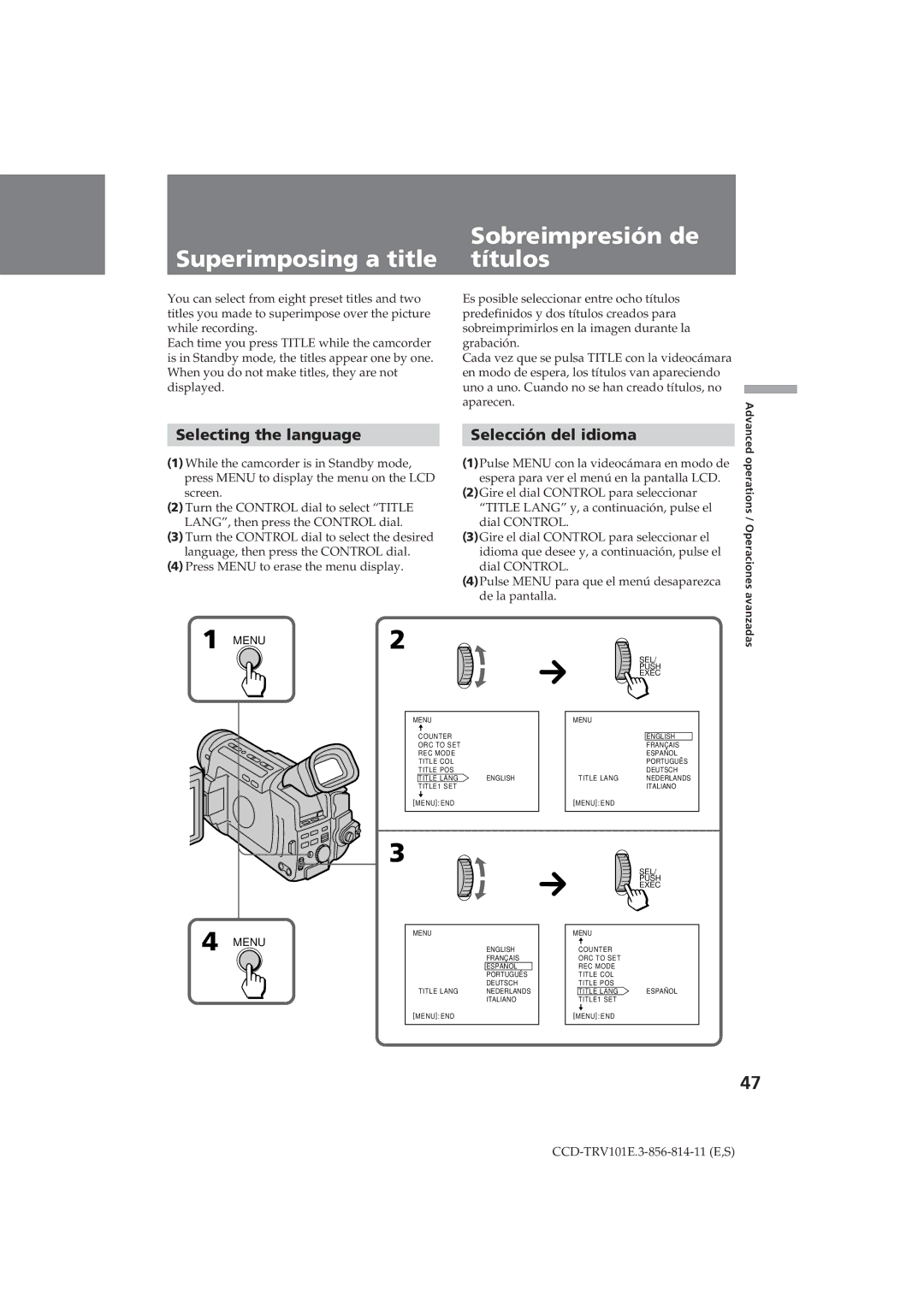 Sony CCD-TRV101E Superimposing a title, Sobreimpresión de títulos, Selecting the language, Selección del idioma 