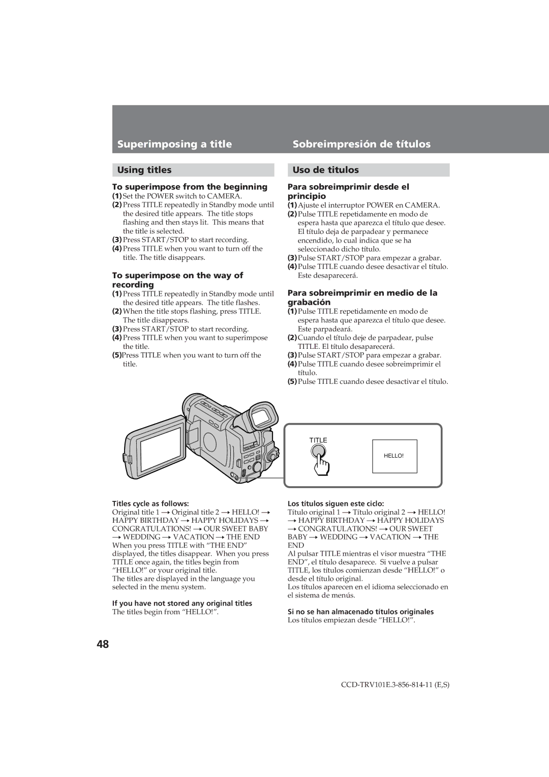 Sony CCD-TRV101E operating instructions Superimposing a title Sobreimpresión de títulos, Using titles, Uso de titulos 