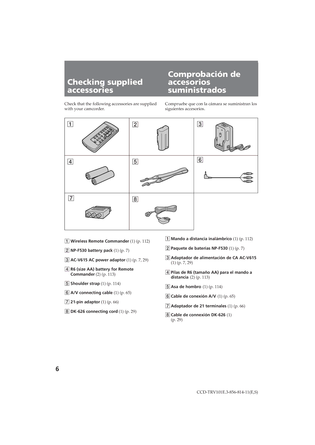 Sony CCD-TRV101E 1Mando a distancia inalámbrico 1 p, 2Paquete de baterías NP-F530 1 p, AC-V615 AC power adaptor 1 p 