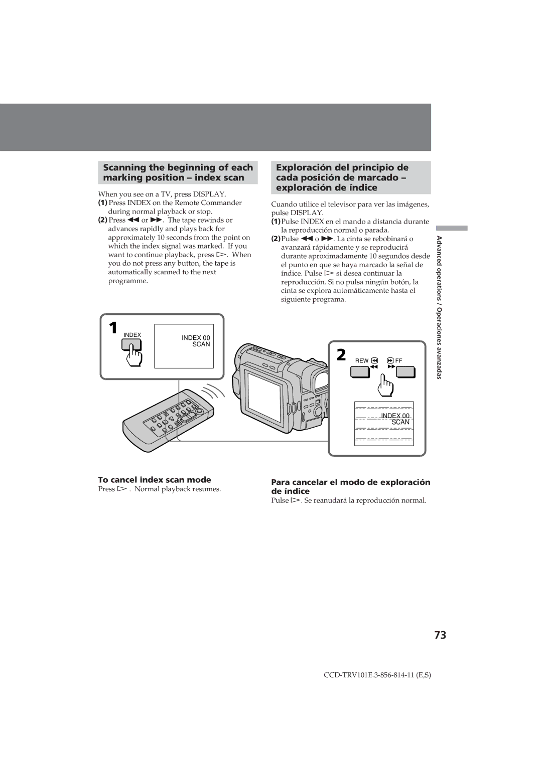 Sony CCD-TRV101E operating instructions Scanning the beginning of each Marking position index scan, De índice 