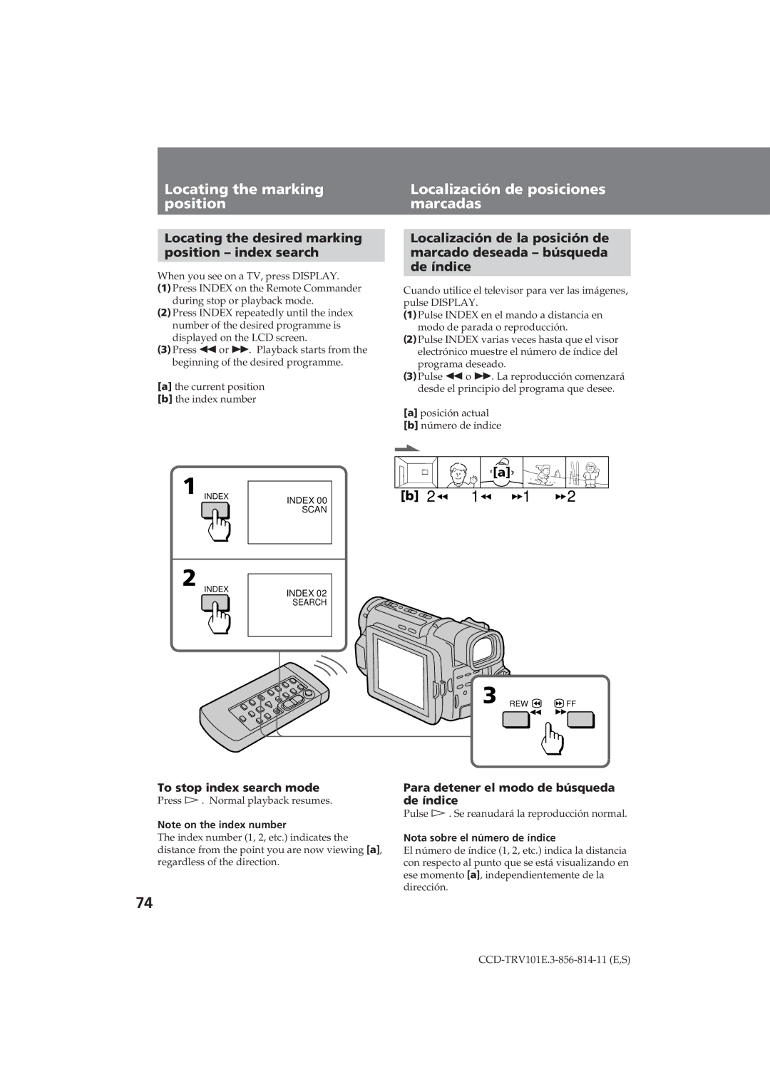 Sony CCD-TRV101E Locating the marking position, Localización de posiciones marcadas, To stop index search mode 