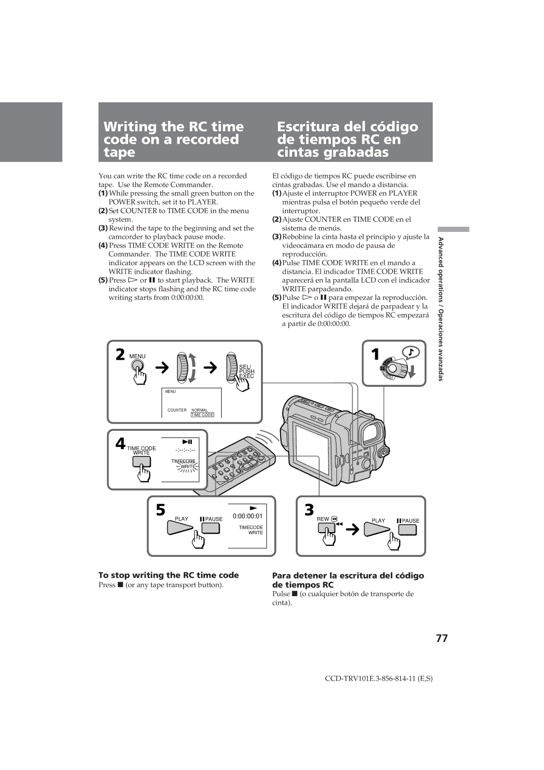 Sony CCD-TRV101E Writing the RC time code on a recorded tape, Escritura del código de tiempos RC en cintas grabadas 